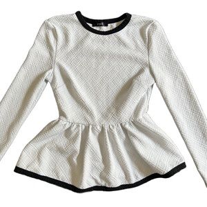 SHEIN WHITE QUILTED LONG SLEEVE PEPLUM TOP WITH BLACK TRIM SIZE XS